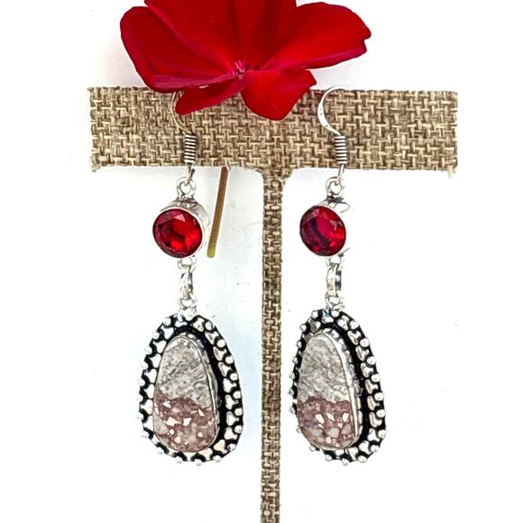 925 Sterling Leopard Skin Jasper & Garnet Earrings - Picture 3 of 6